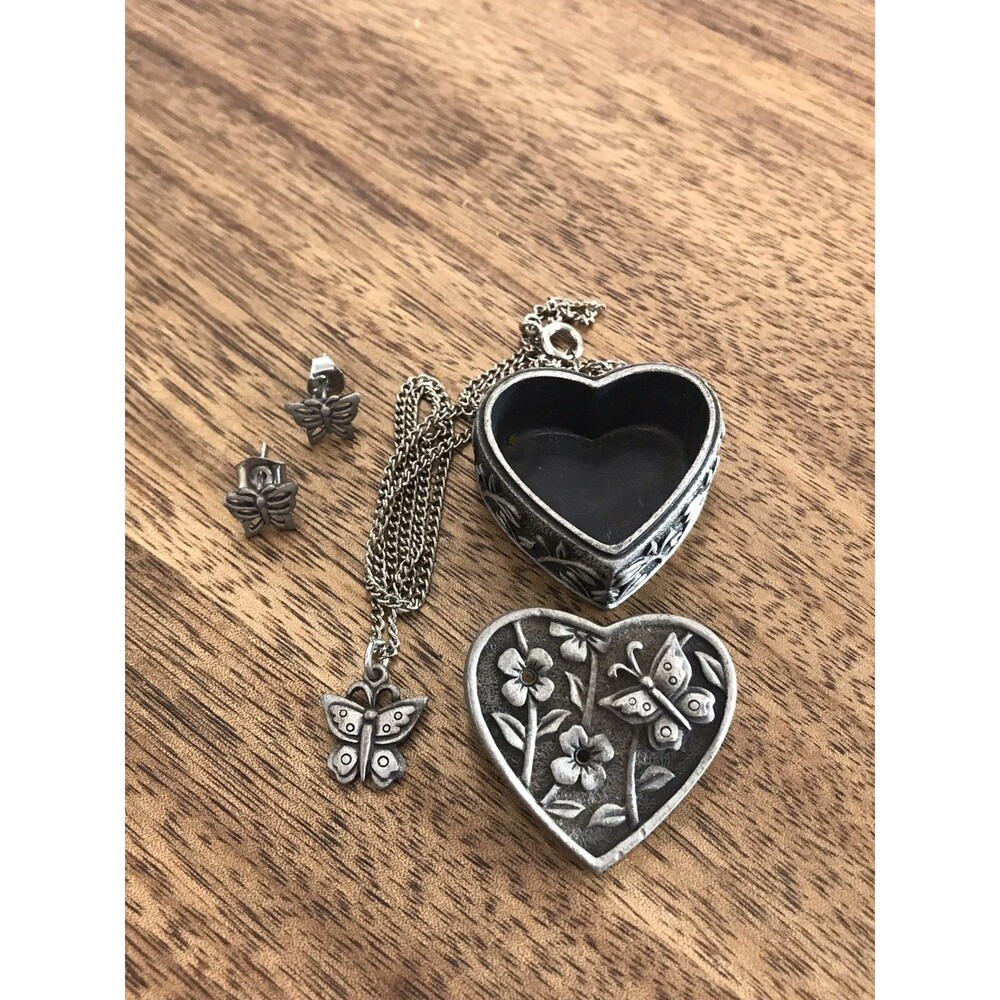 Vtg Flower Pin, Necklace & Earrings Trinket Box MS. DEE ￼ Pewter Mini Bargain
